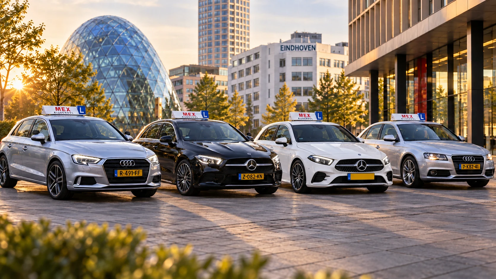 Vier lesauto's van Rijschool MEX in Eindhoven